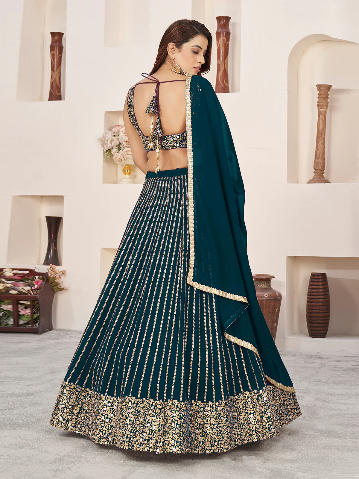 Odette Green Georgette Embellished Semi Stitched Lehenga With Unstitched Blouse For Women - Image 5