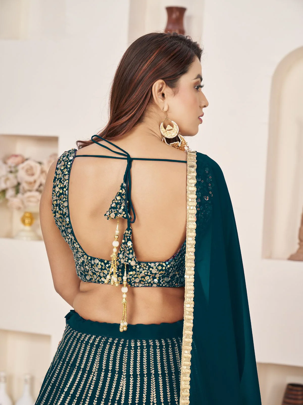 Odette Green Georgette Embellished Semi Stitched Lehenga With Unstitched Blouse For Women - Image 6