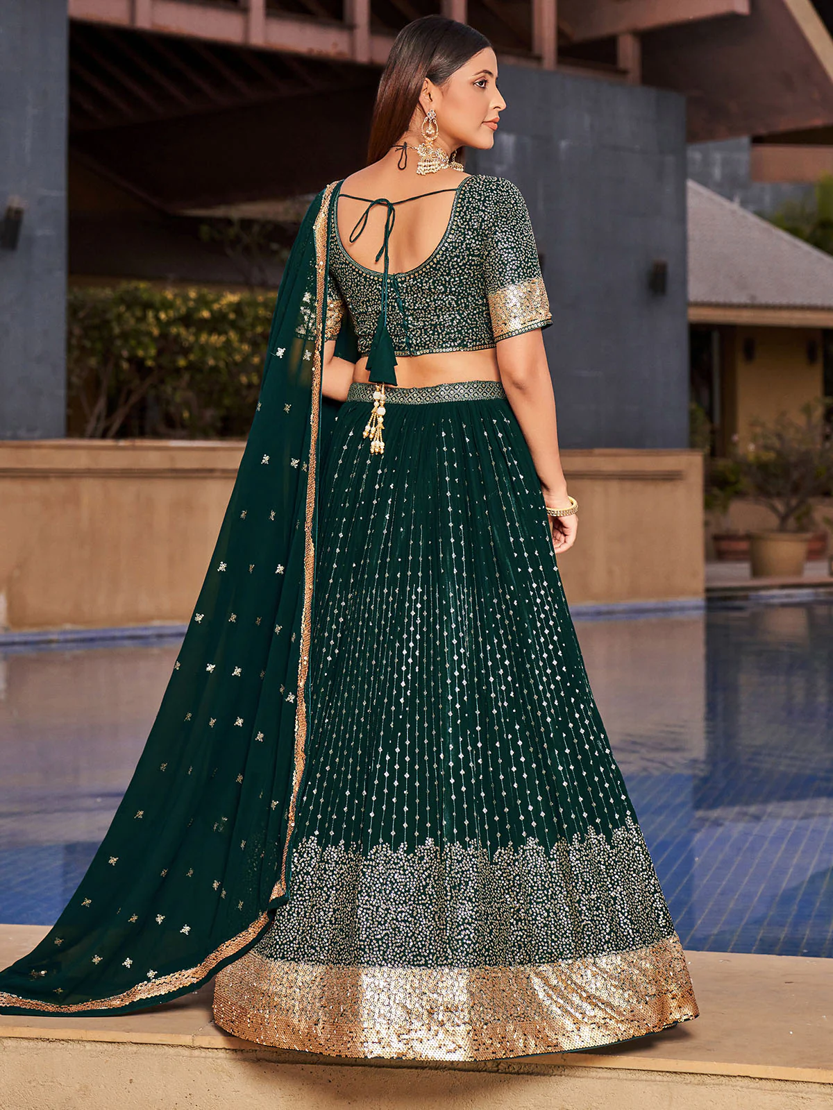 Odette Green Georgette Embellished Semi Stitched Lehenga With Unstitched Blouse For Women - Image 3