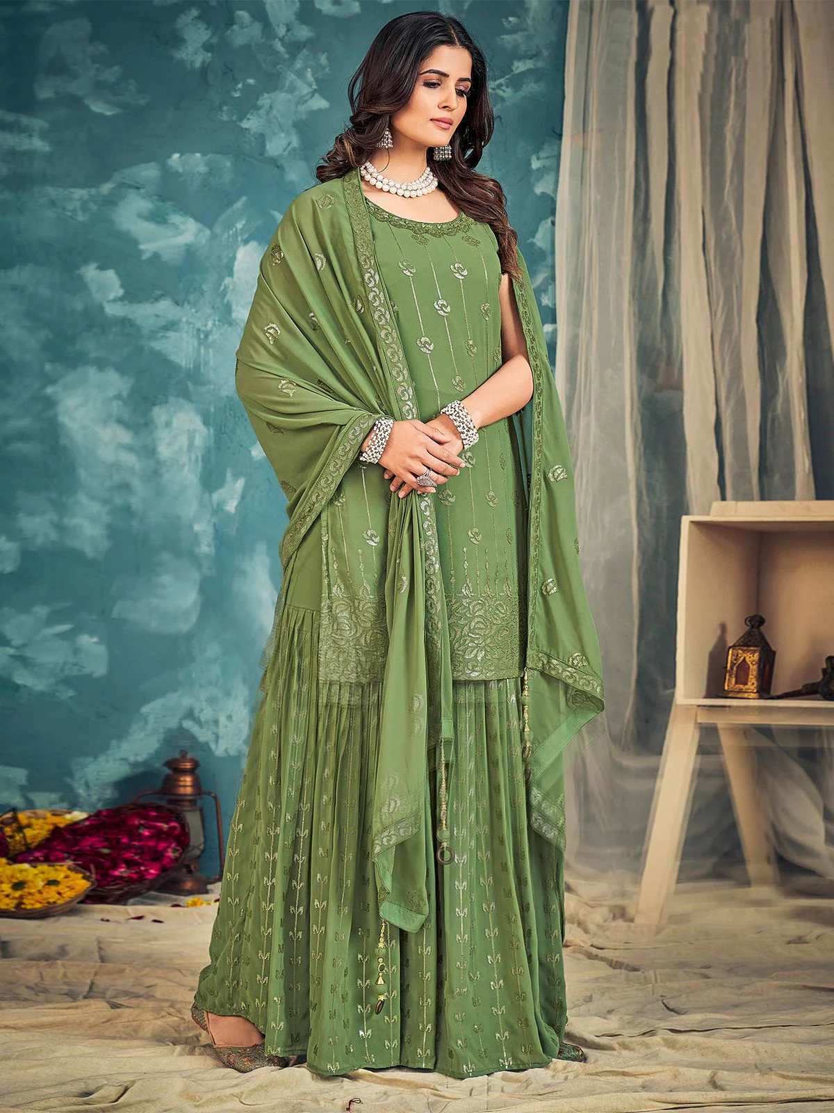 Odette Green Georgette Embellished Stitched Salwar Suit Set For Women - Image 2