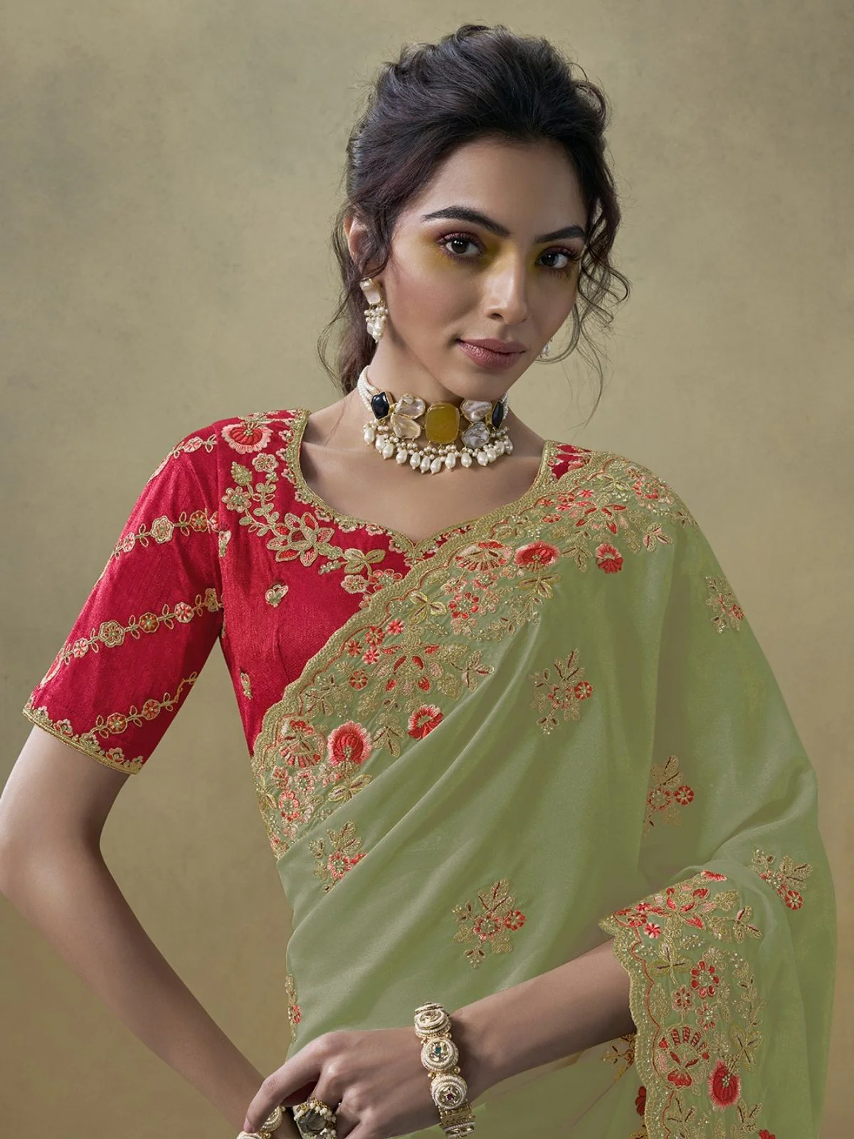 Odette Green Georgette Embroidered Elegant Saree For Women - Image 2