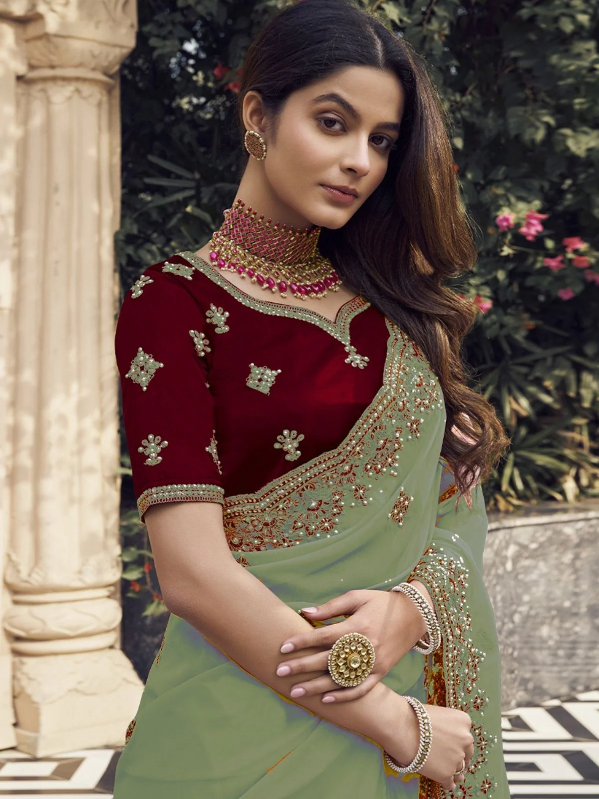 Odette Green Georgette Embroidered Elegant Saree For Women - Image 2