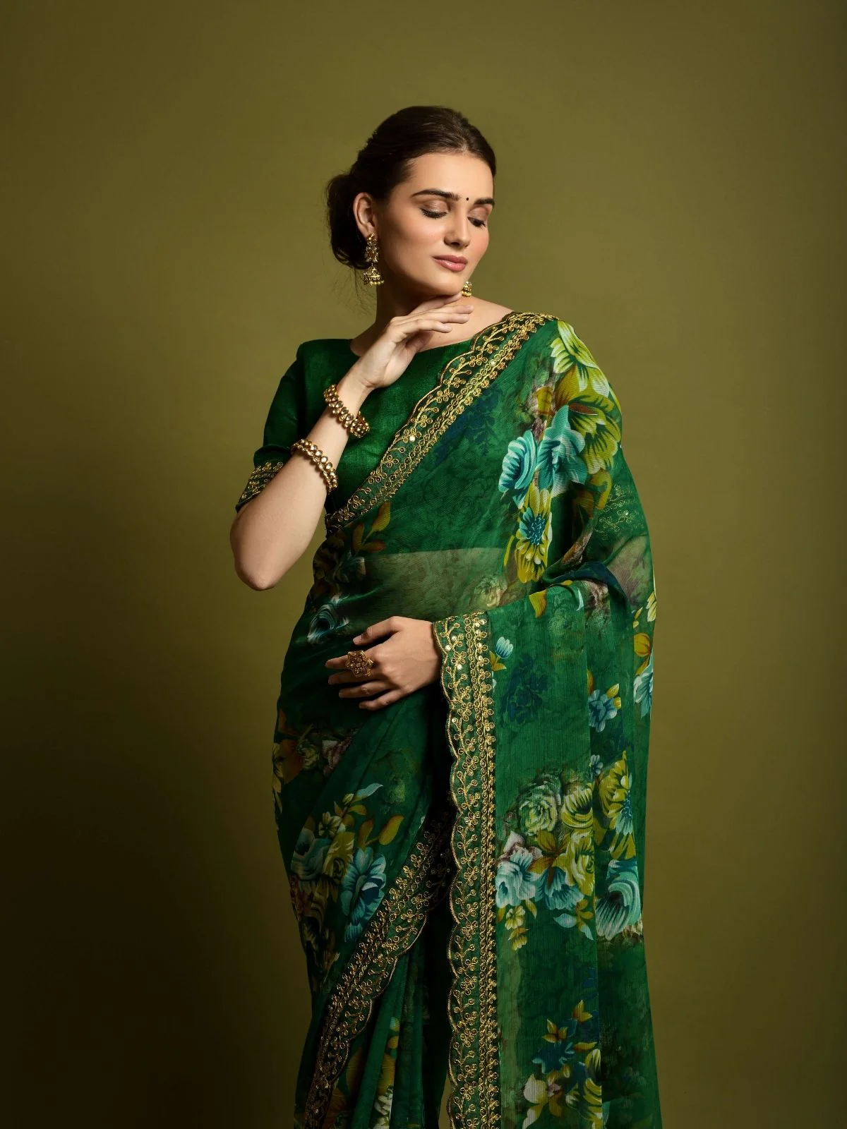 Odette Green Georgette Embroidered Printed Saree For Women - Image 3