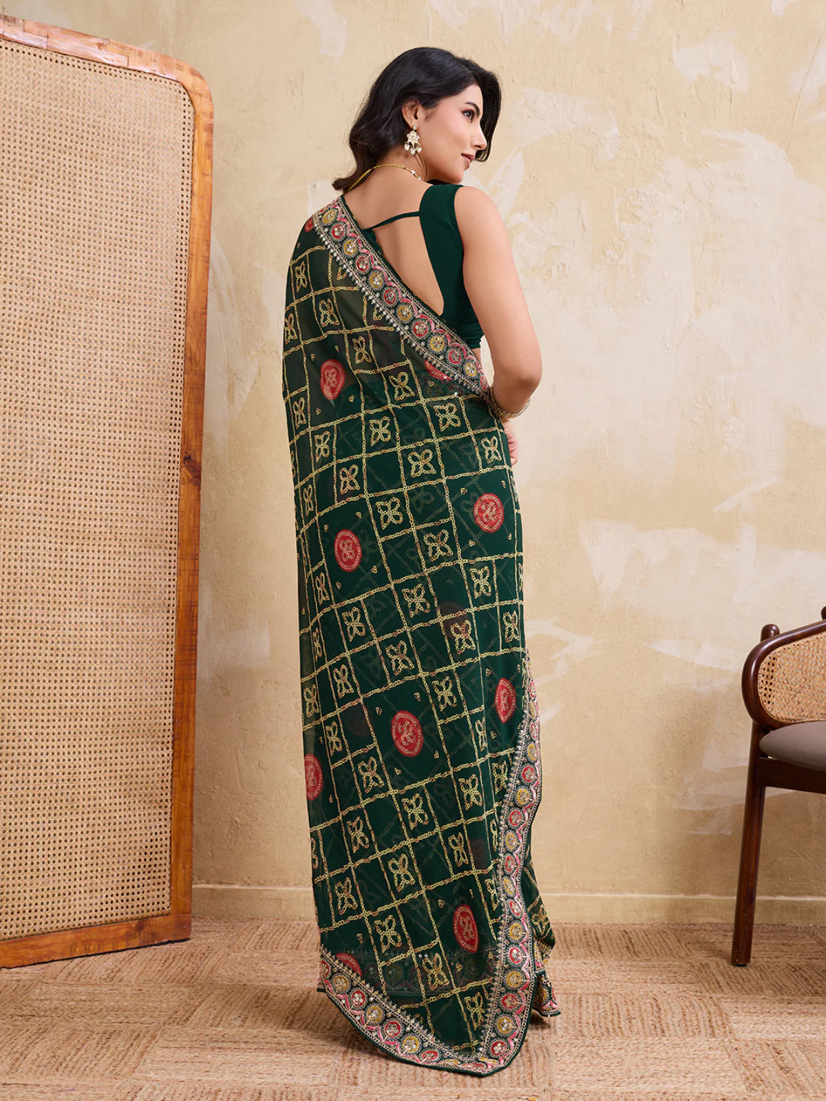 Odette Green Georgette Embroidered Saree For Women - Image 3