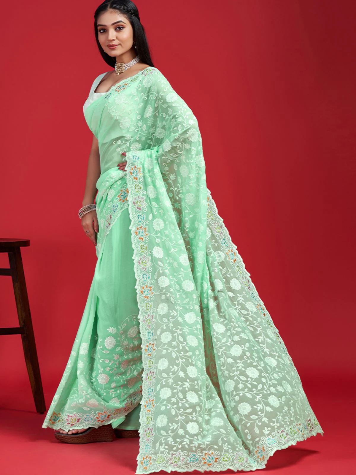 Odette Green Georgette Embroidered Saree with Unstitched Blouse for Women - Image 2