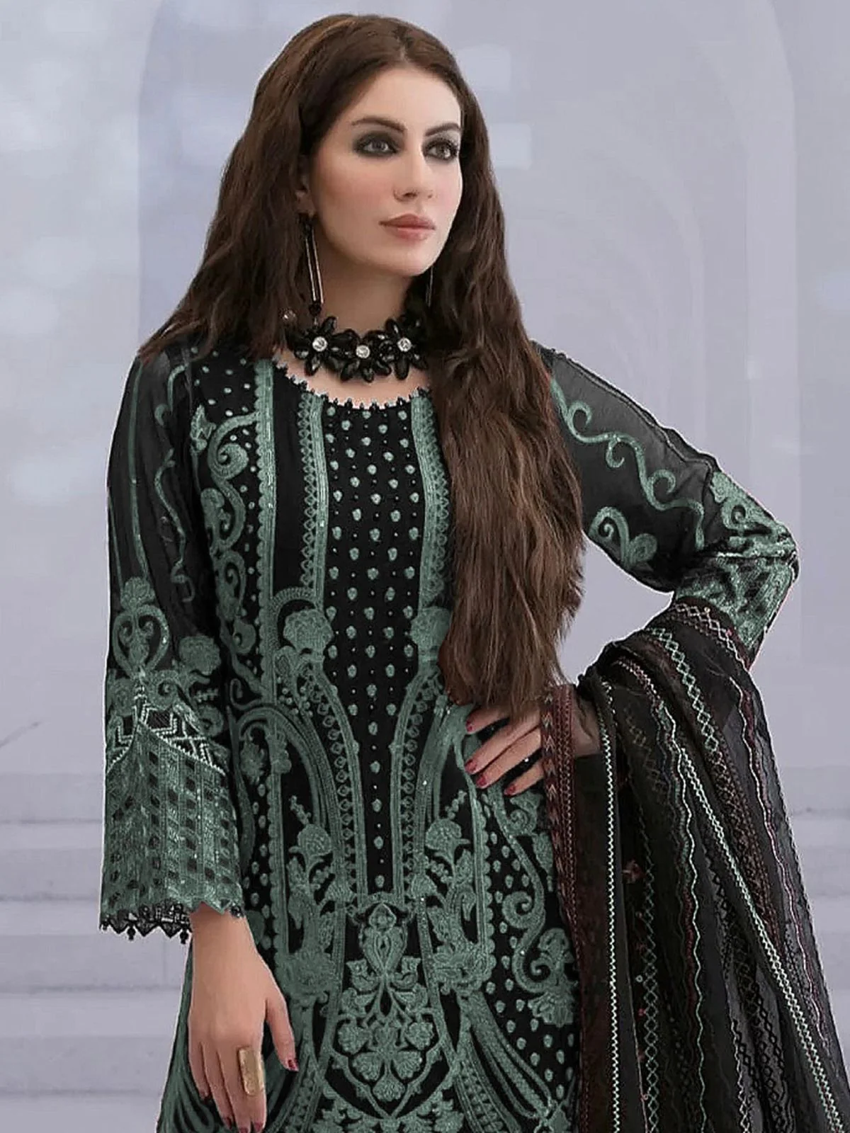 Odette Green Georgette Embroidered Semi-Sitched Kurta Set For Women - Image 2