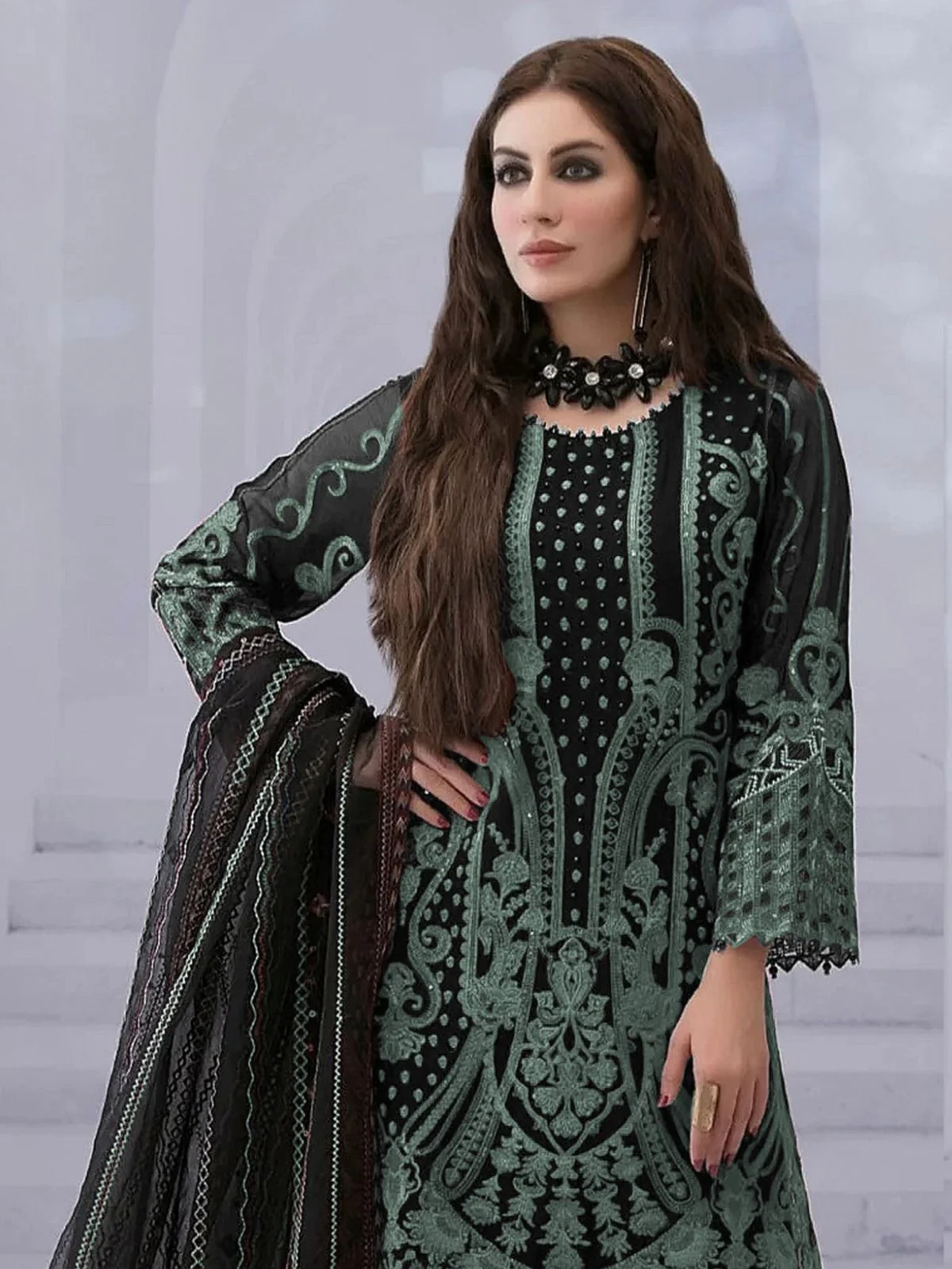 Odette Green Georgette Embroidered Semi-Sitched Kurta Set For Women - Image 3