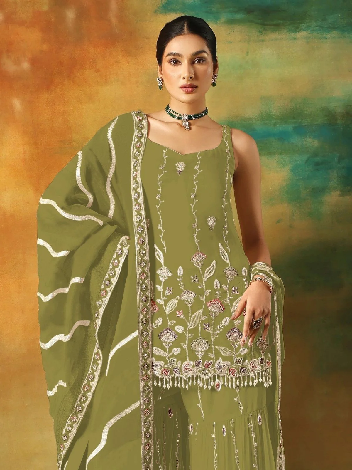 Odette Green Georgette Embroidered Semi-Sitched Kurta Set For Women - Image 2