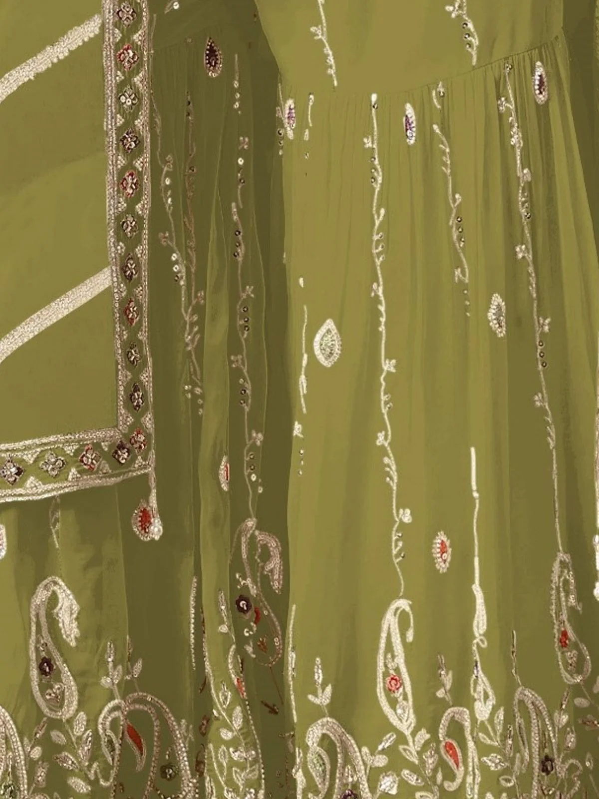 Odette Green Georgette Embroidered Semi-Sitched Kurta Set For Women - Image 3