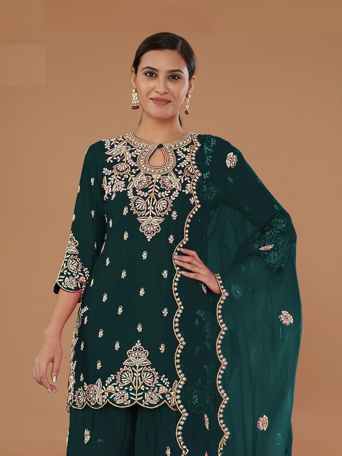 Odette Green Georgette Embroidered Semi-Sitched Kurta Set For Women - Image 2
