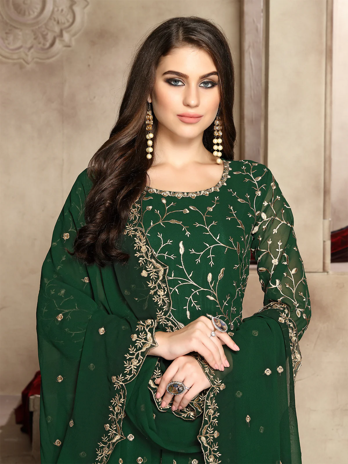 Odette Green Georgette Embroidered Semi stitched Kurta Set For Women - Image 2