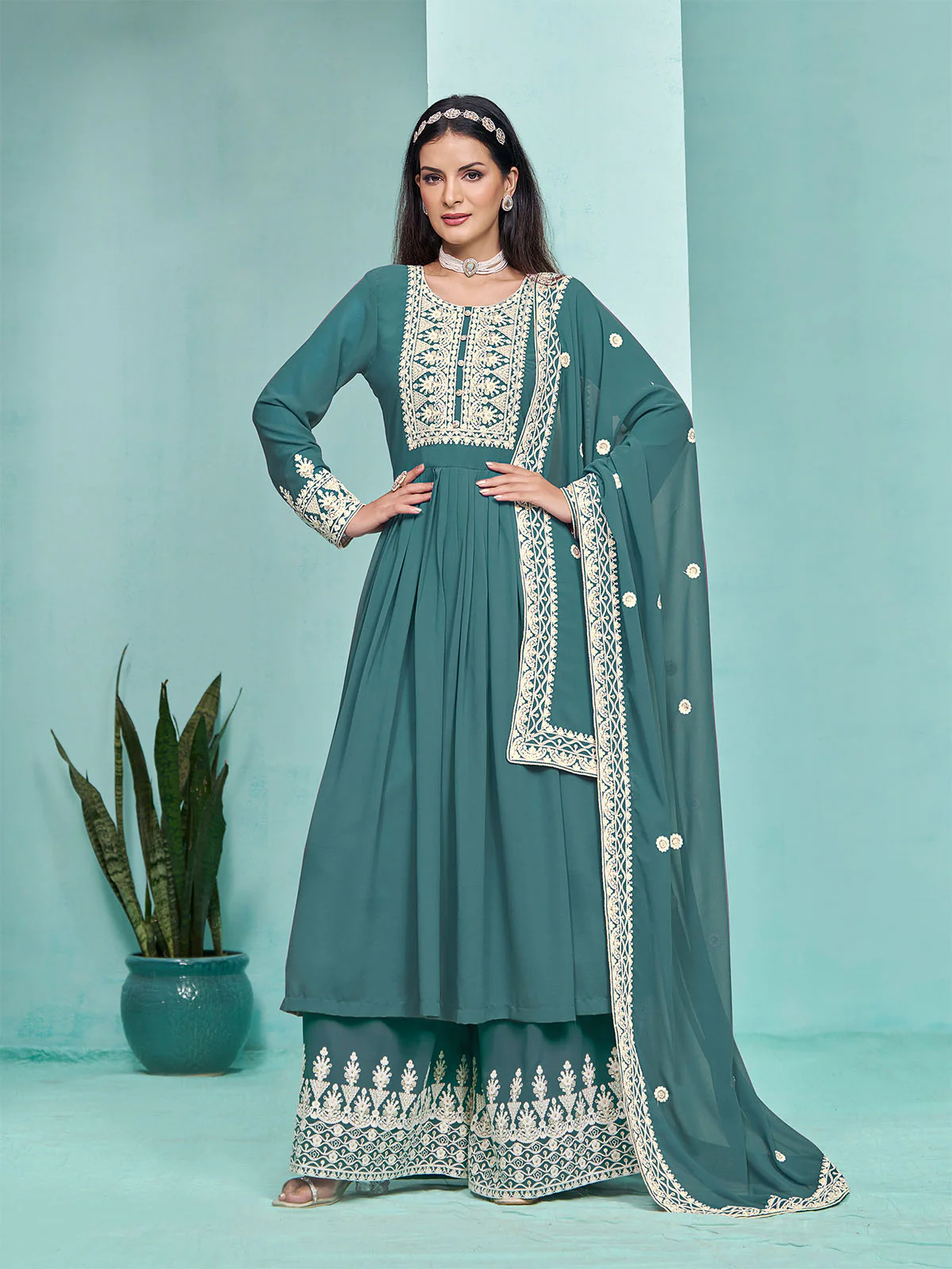 Odette Teal Georgette Embroidered Semi Stitched Kurta Set For Women - Image 2