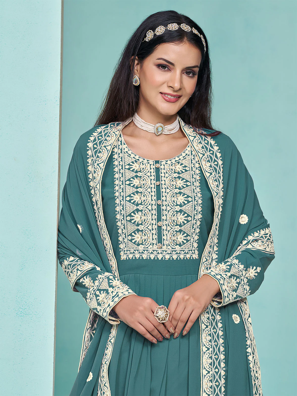 Odette Teal Georgette Embroidered Semi Stitched Kurta Set For Women - Image 3