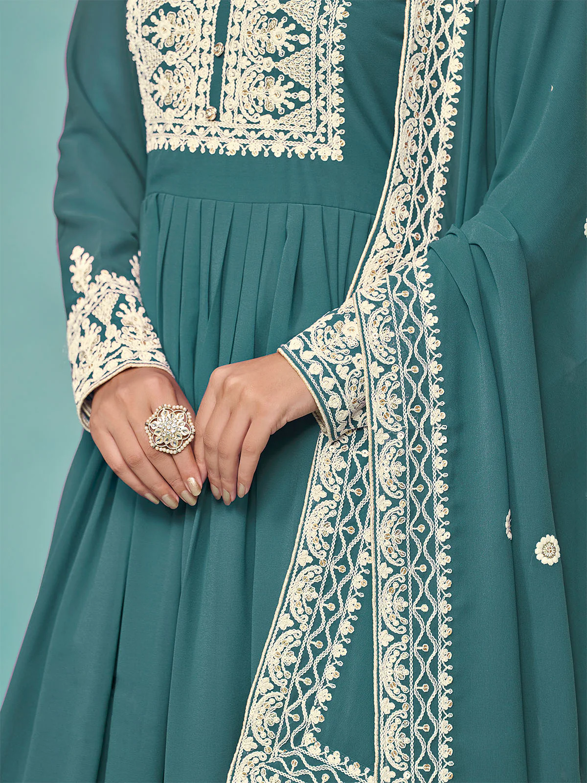 Odette Teal Georgette Embroidered Semi Stitched Kurta Set For Women - Image 4