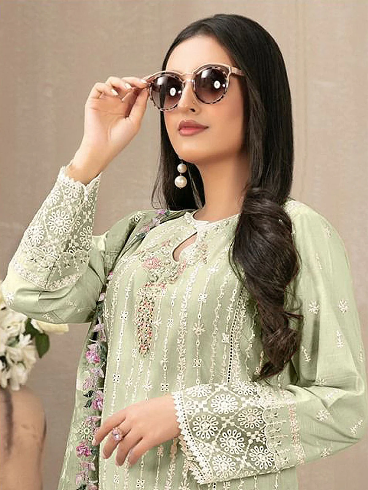 Odette Green Georgette Embroidered Semi Stitched Kurta Set For Women - Image 2