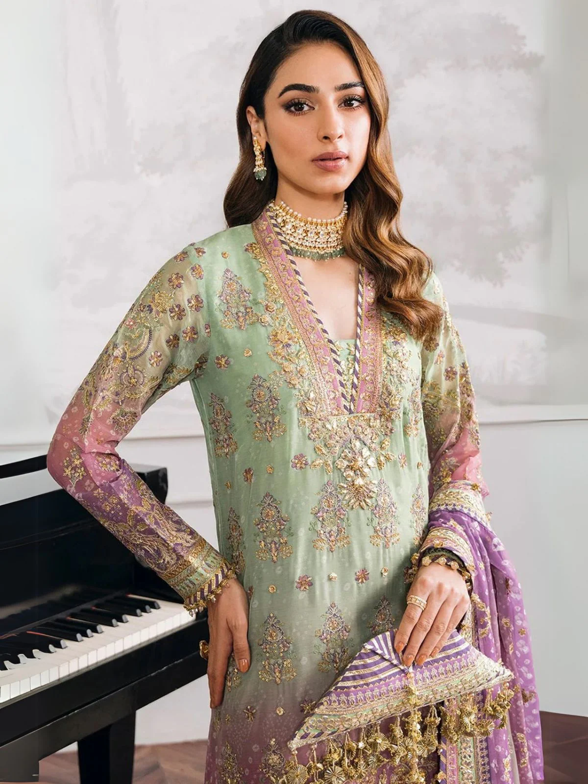 Odette Green Georgette Embroidered Semi-Stitched Kurta Set For Women - Image 2
