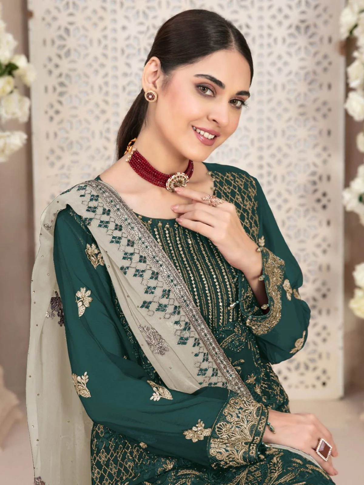 Odette Green Georgette Embroidered Semi-Stitched Kurta set for Women - Image 2