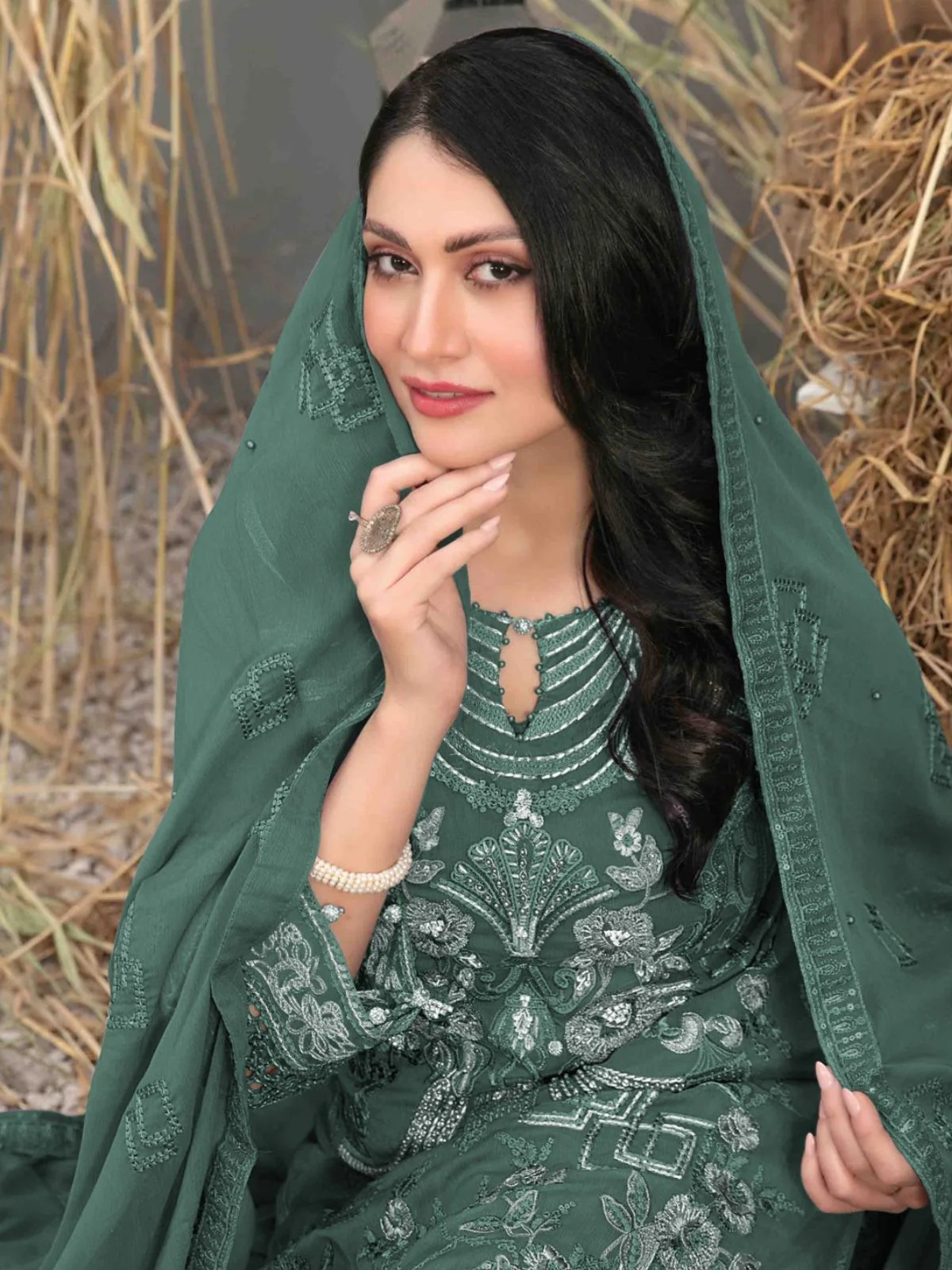 Odette Green Georgette Embroidered Semi-Stitched Kurta Set For Women - Image 2