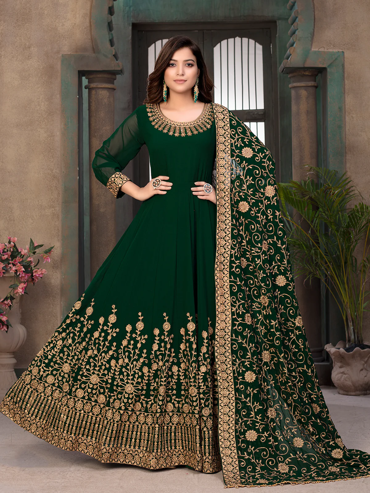 Odette Green Georgette Embroidered Semi stitched Kurta Set with Inner For Women - Image 2