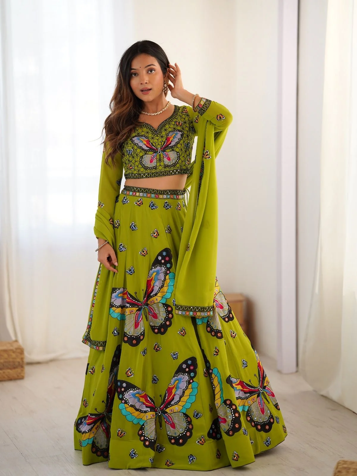 Odette Green Georgette Embroidered Semi-Stitched lehenga For Women - Image 3