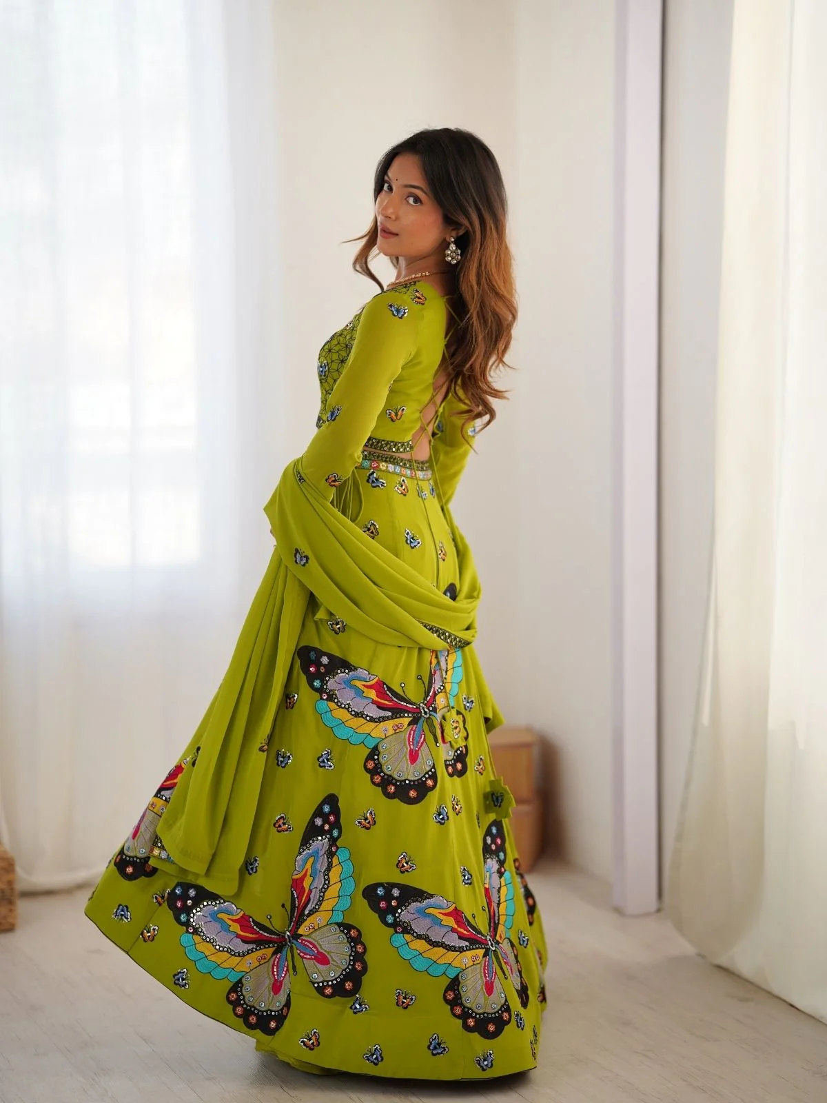 Odette Green Georgette Embroidered Semi-Stitched lehenga For Women - Image 5