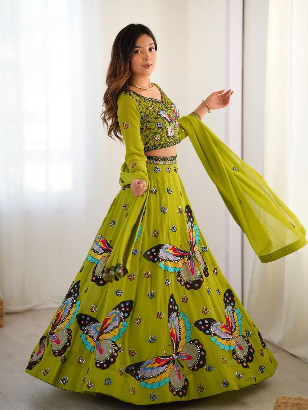 Odette Green Georgette Embroidered Semi-Stitched lehenga For Women - Image 6