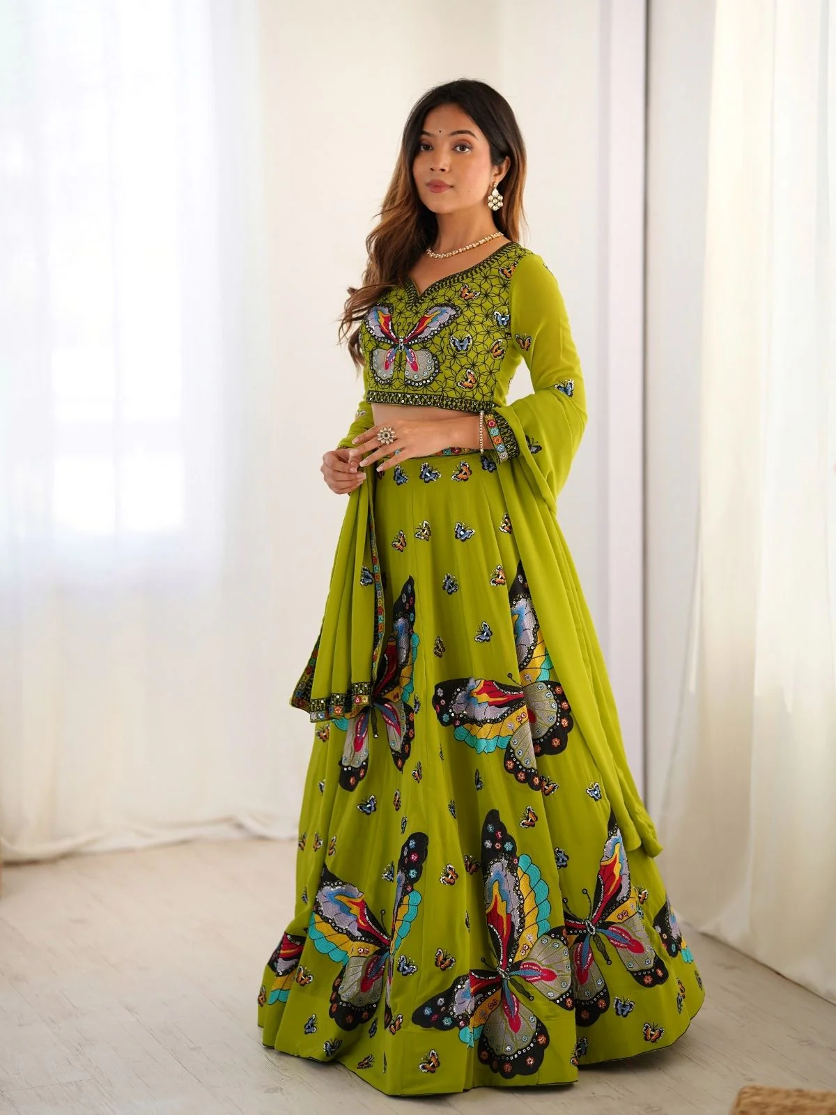 Odette Green Georgette Embroidered Semi-Stitched lehenga For Women - Image 7