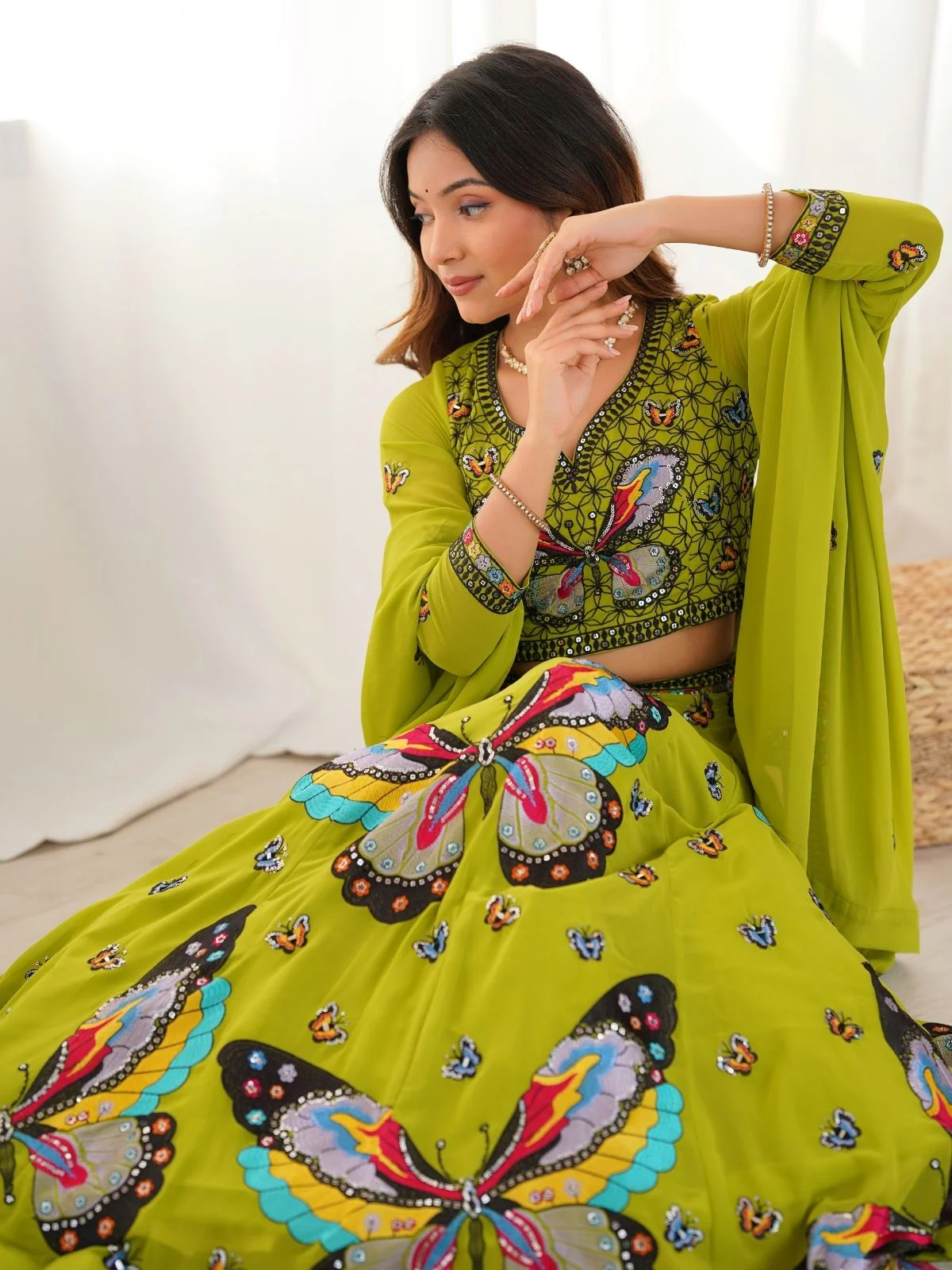 Odette Green Georgette Embroidered Semi-Stitched lehenga For Women - Image 9