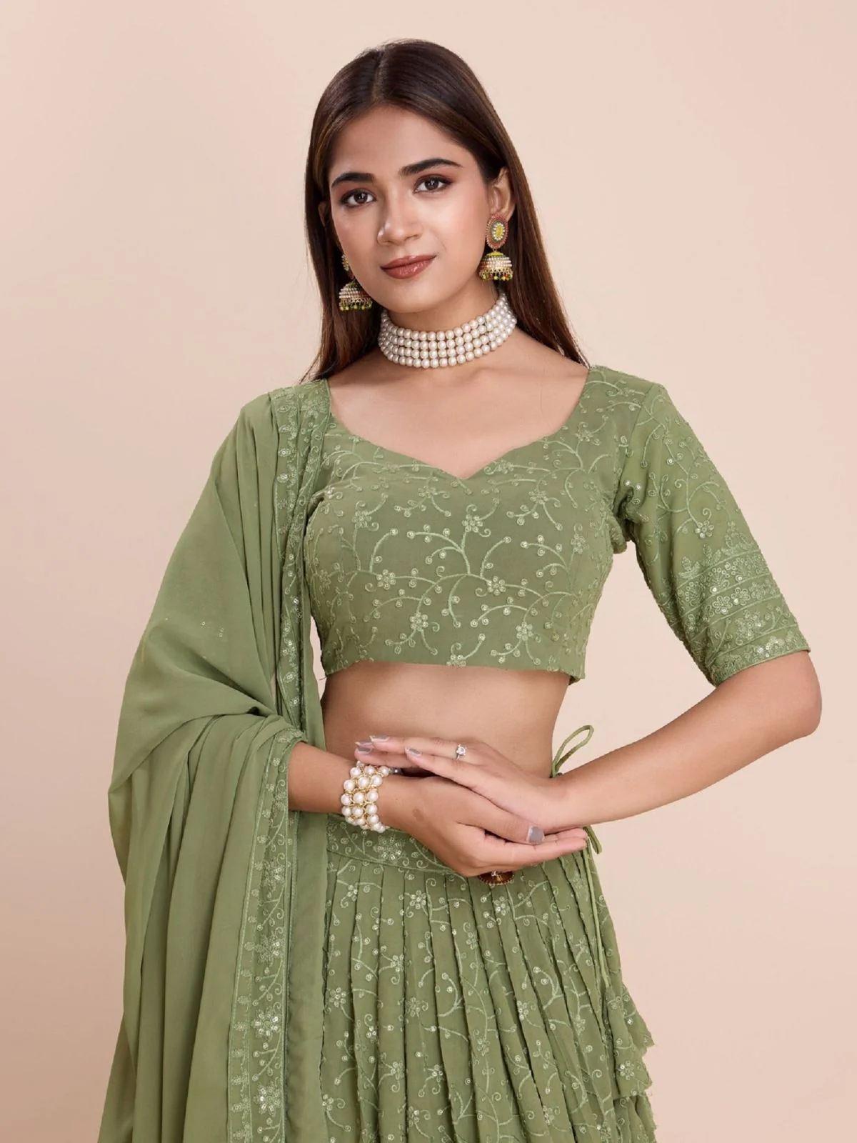 Odette Green Georgette Embroidered Semi-Stitched Lehenga For Women - Image 4