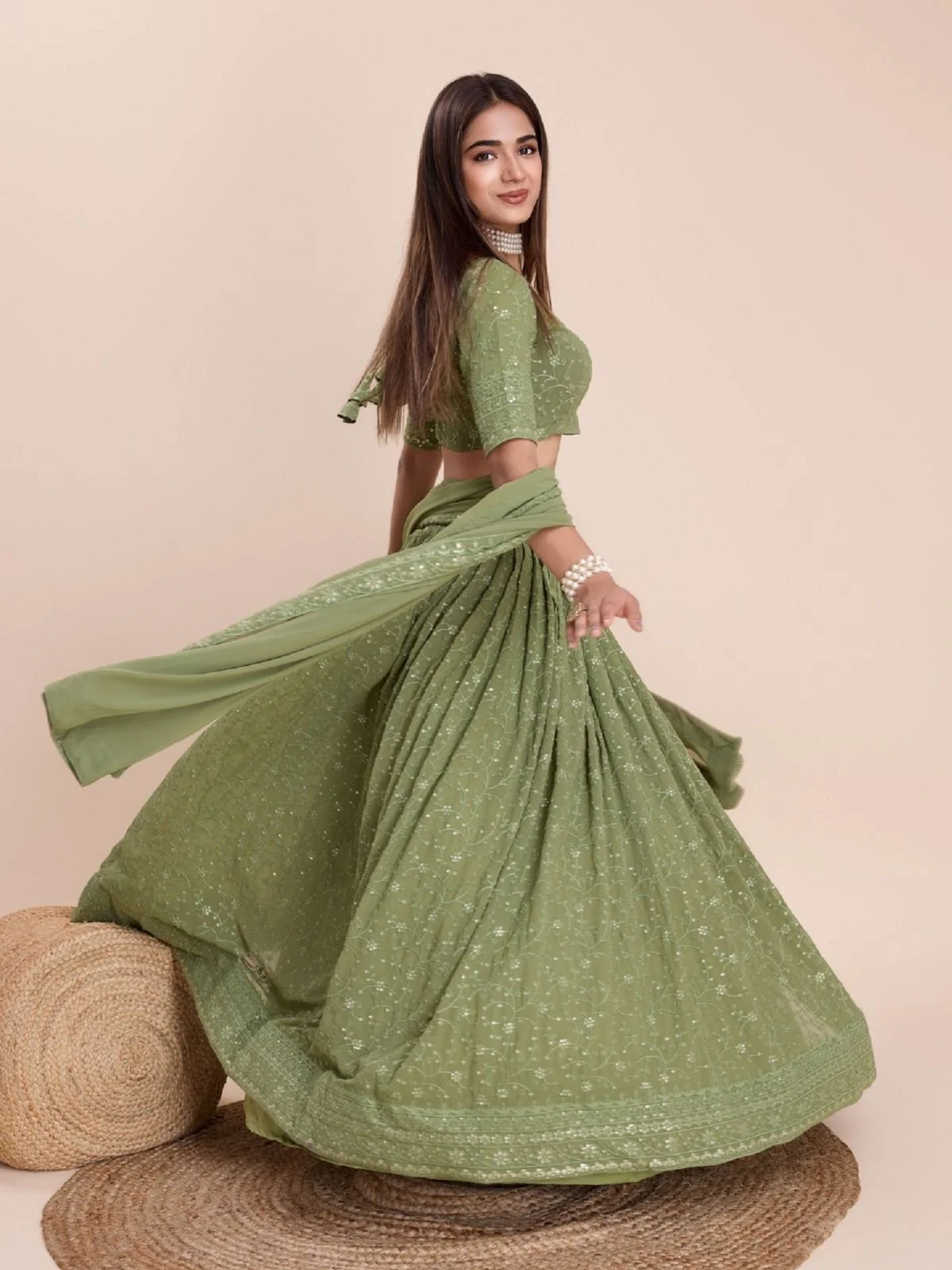 Odette Green Georgette Embroidered Semi-Stitched Lehenga For Women - Image 6