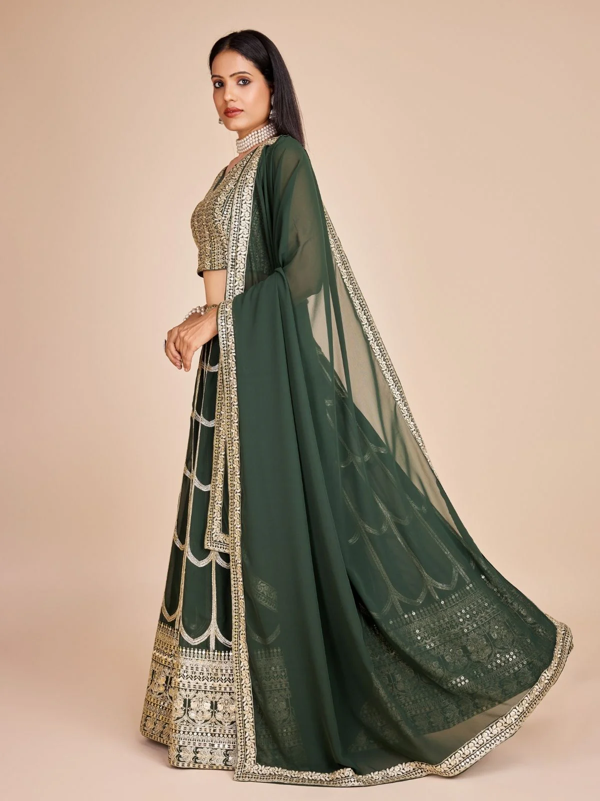 Odette Green Georgette Embroidered Semi-Stitched Lehenga For Women - Image 4