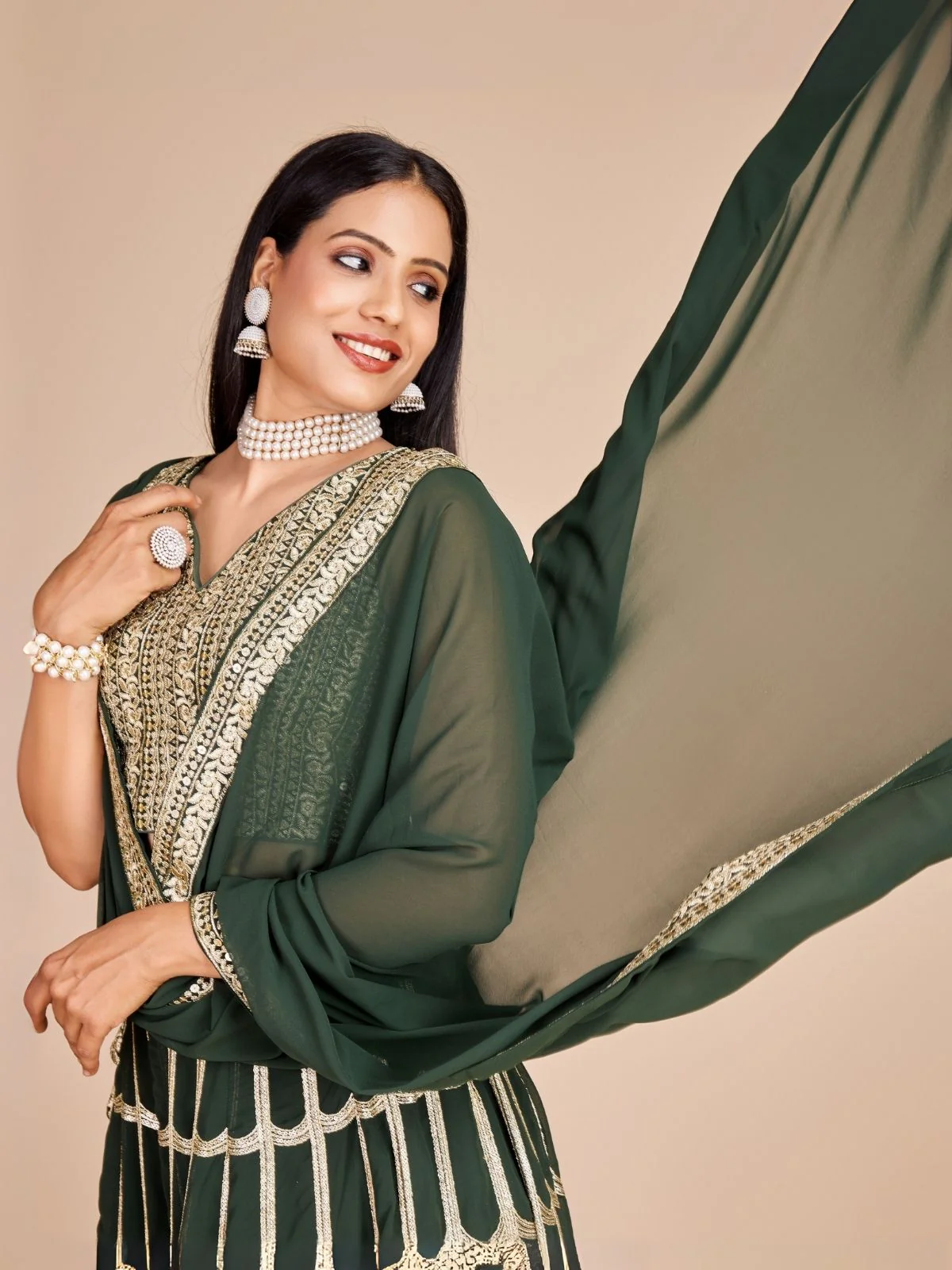 Odette Green Georgette Embroidered Semi-Stitched Lehenga For Women - Image 5