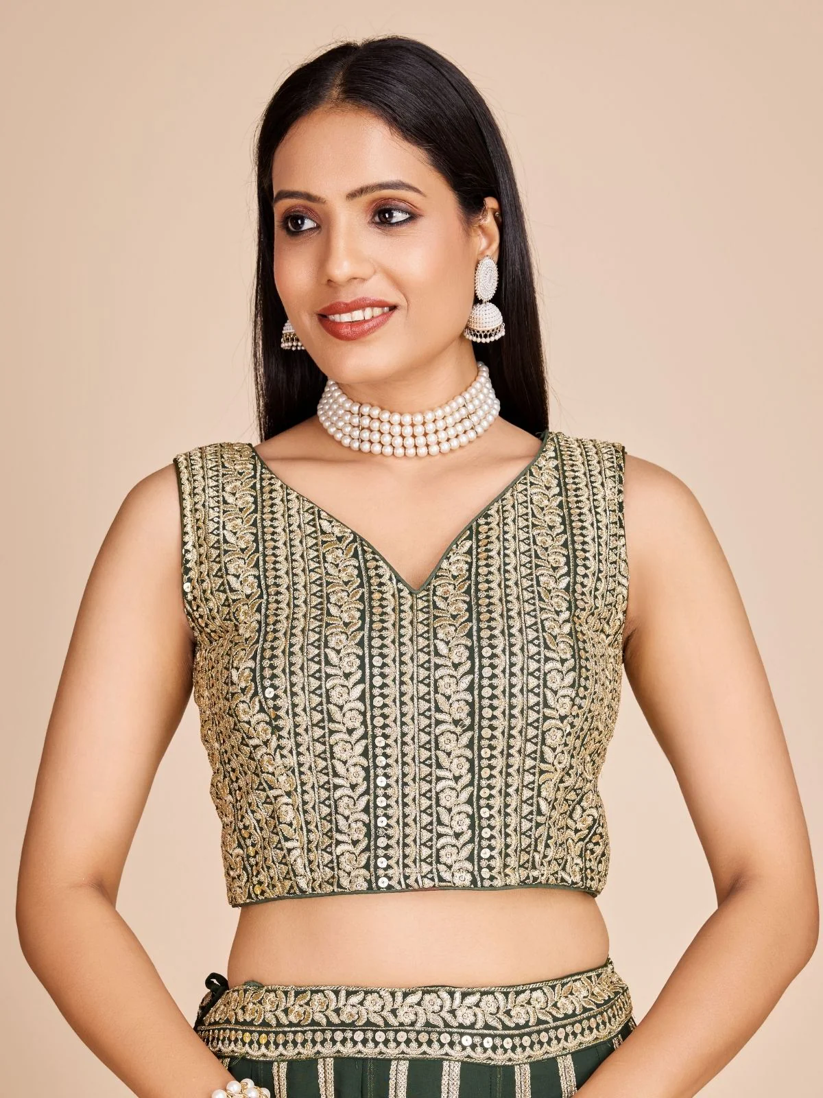 Odette Green Georgette Embroidered Semi-Stitched Lehenga For Women - Image 6