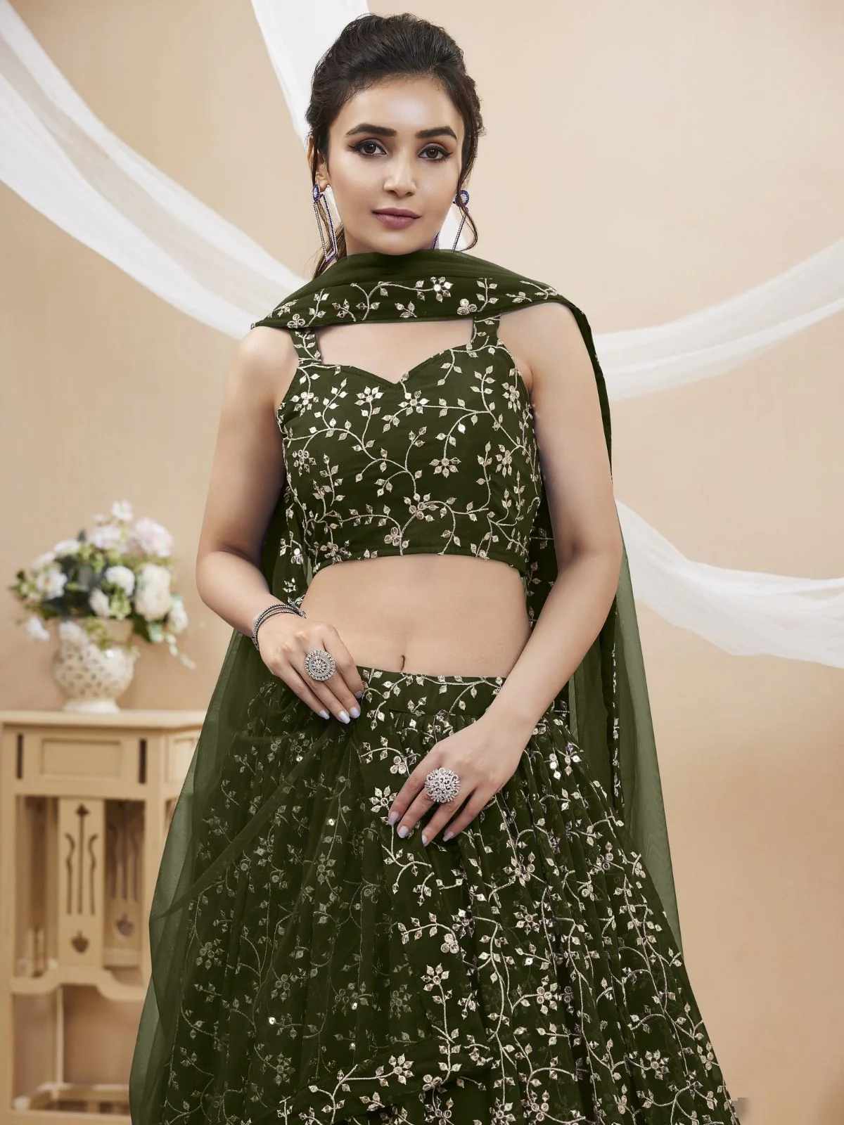 Odette Green Georgette Embroidered Semi-Stitched Lehenga For Women - Image 3