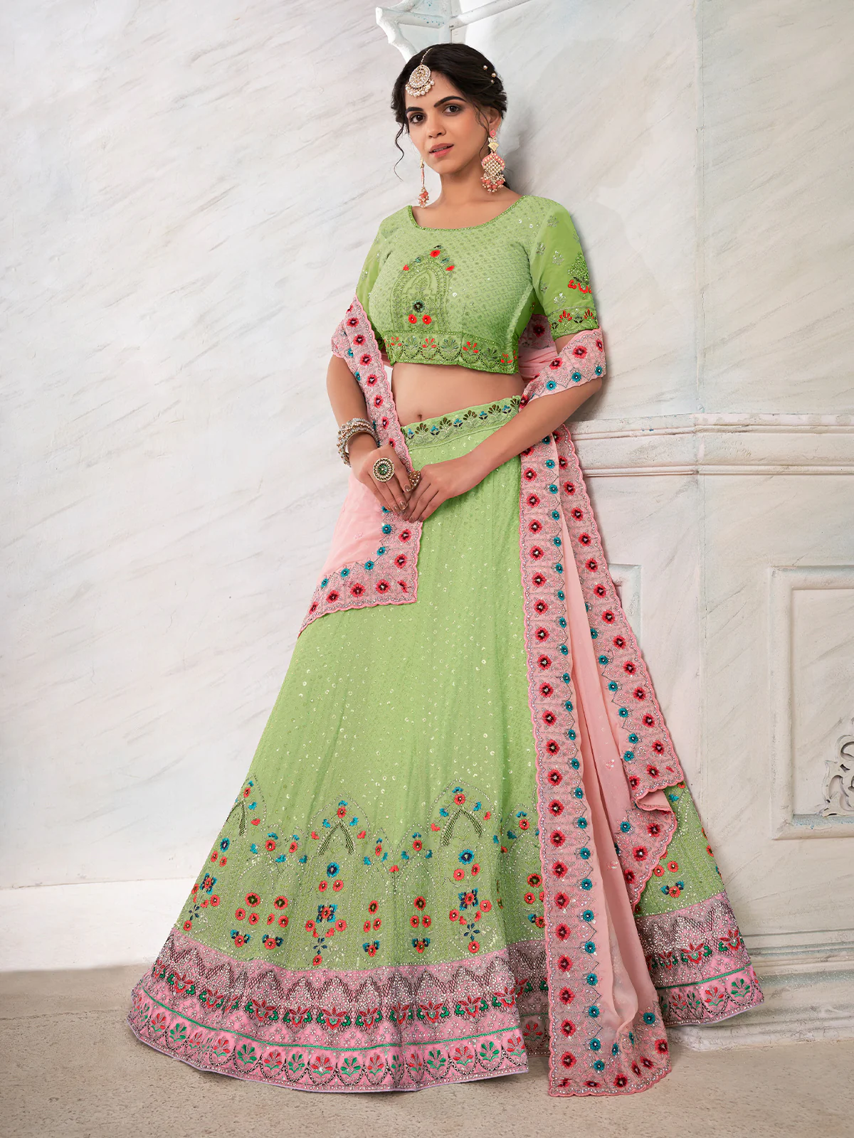Odette Green Georgette Embroidered Semi Stitched Lehenga With Unstitched Blouse for Women - Image 2