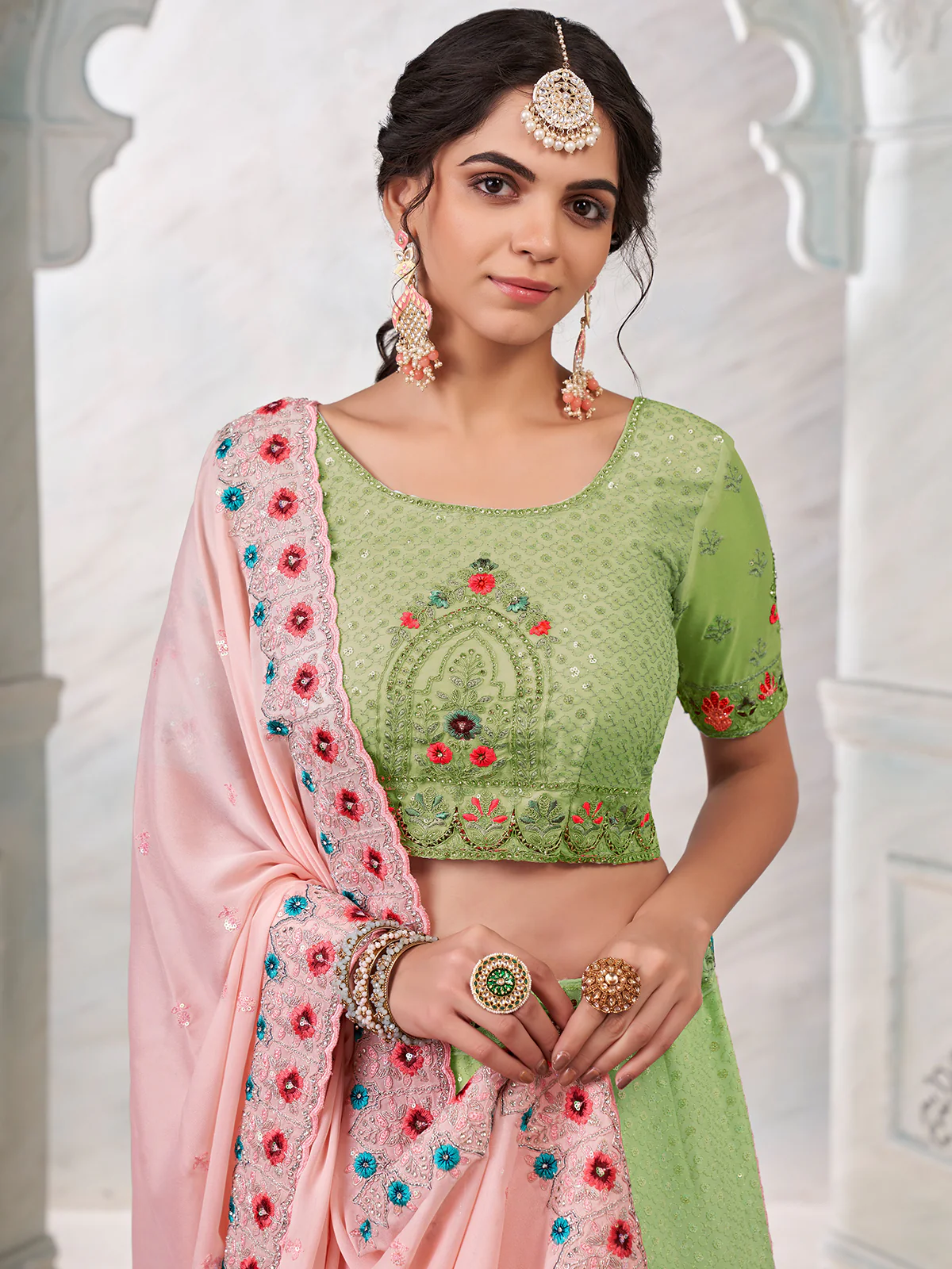 Odette Green Georgette Embroidered Semi Stitched Lehenga With Unstitched Blouse for Women - Image 5