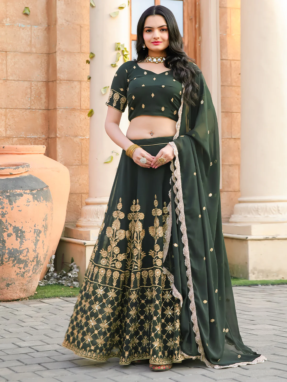 Odette Green Georgette Embroidered Semi Stitched Lehenga With Unstitched Blouse For Women