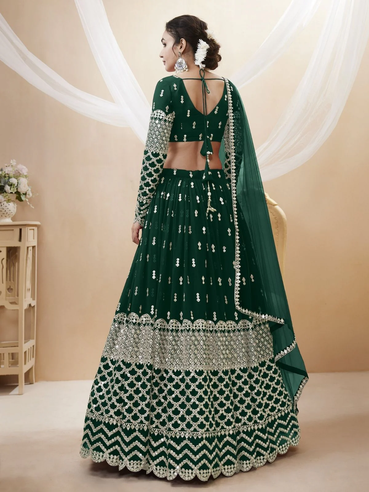 Odette Green Georgette Embroidered Semi Stitched Lehenga With Unstitched Blouse For Women - Image 3