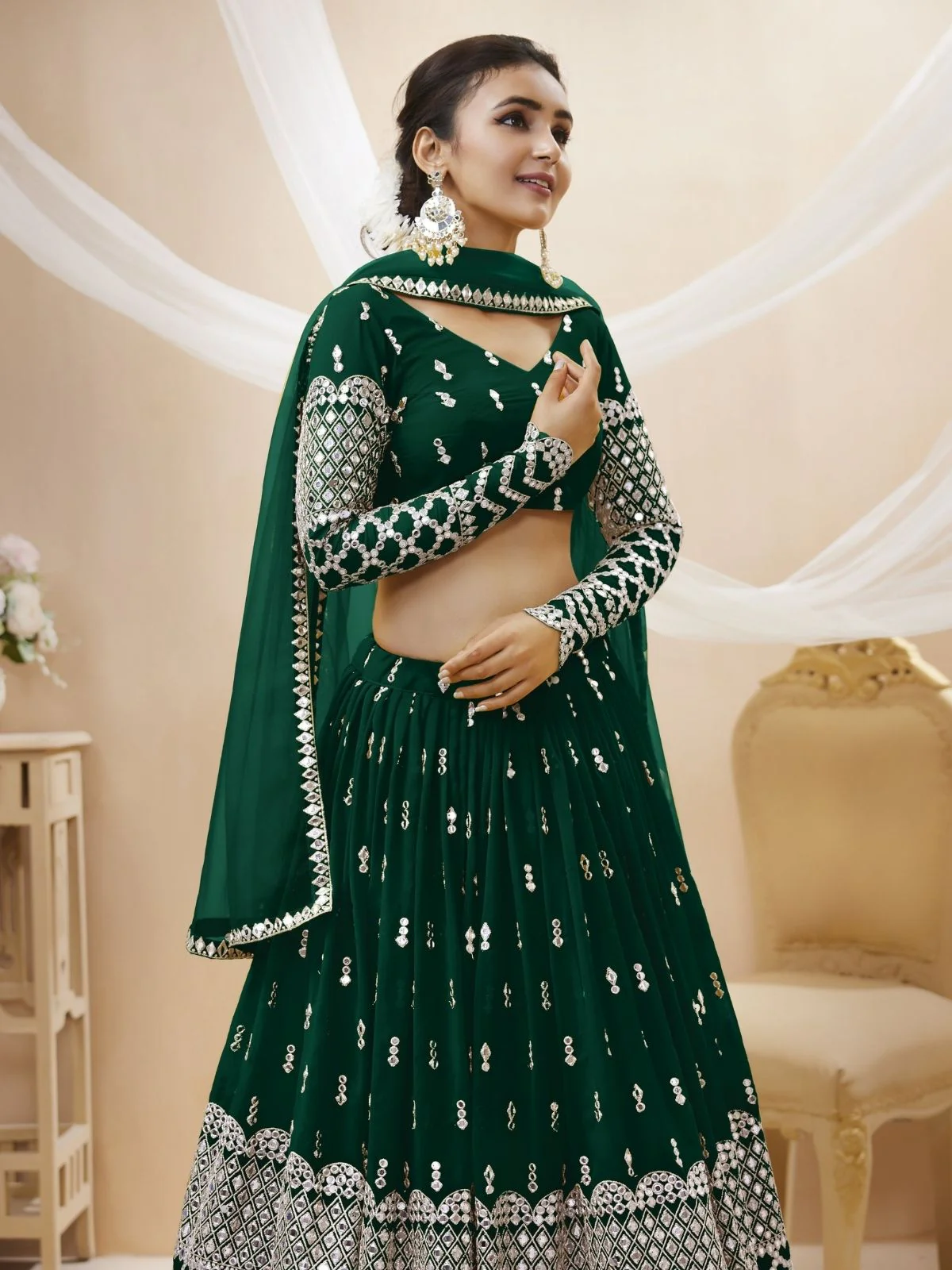 Odette Green Georgette Embroidered Semi Stitched Lehenga With Unstitched Blouse For Women - Image 5