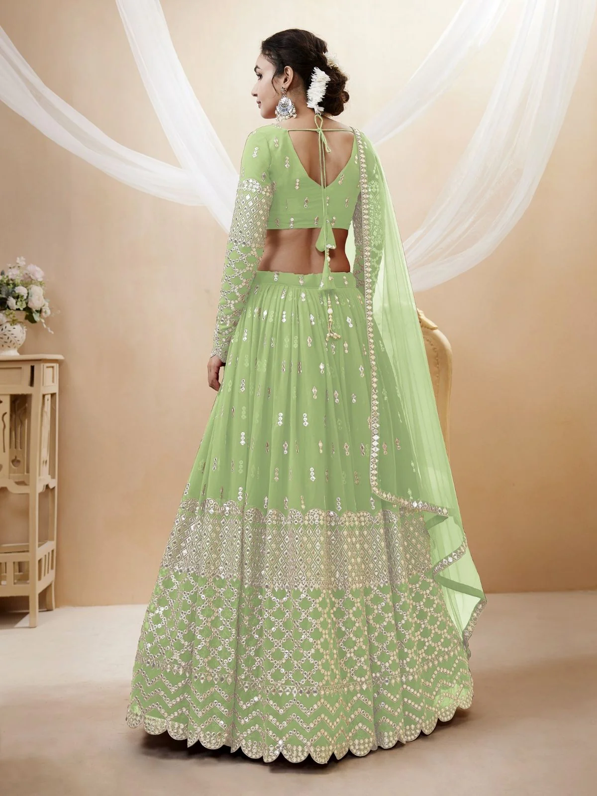 Odette Green Georgette Embroidered Semi Stitched Lehenga With Unstitched Blouse For Women - Image 3