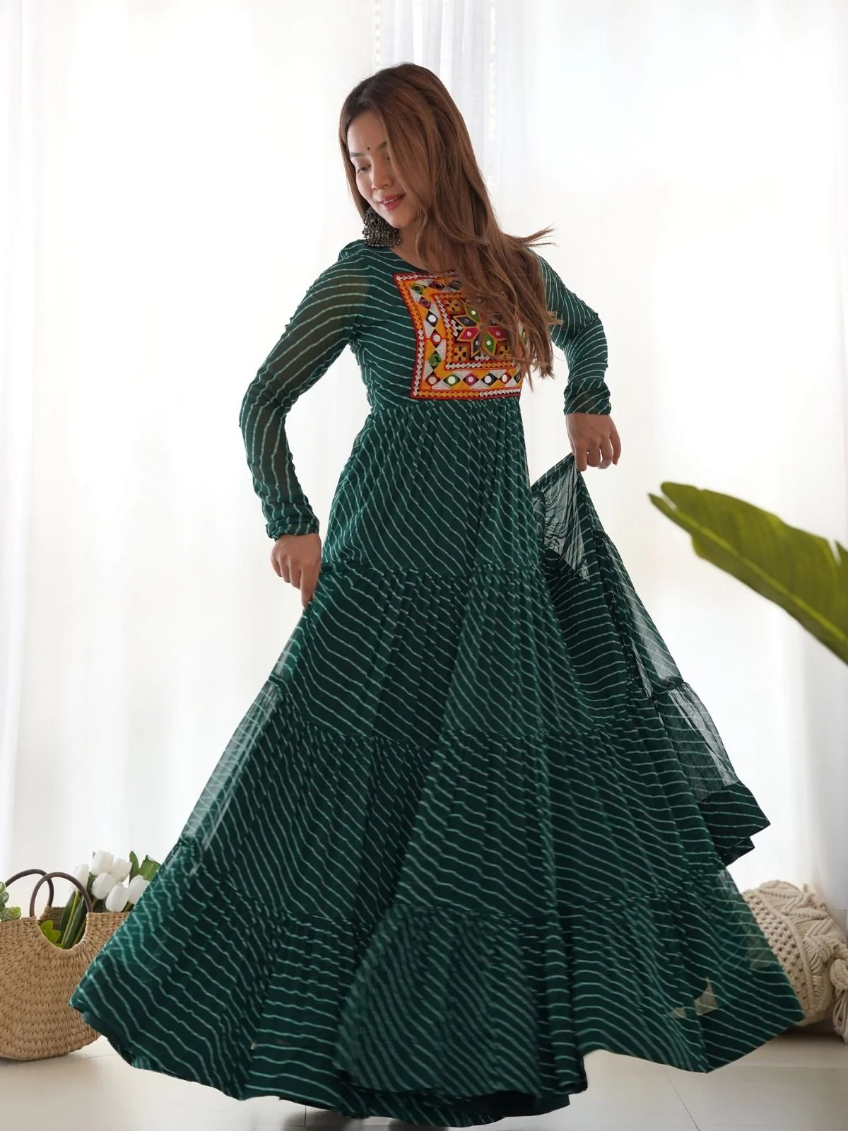 Odette Green Georgette Embroidered Stitched Gown For Women - Image 2