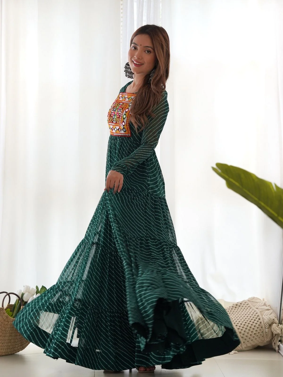 Odette Green Georgette Embroidered Stitched Gown For Women - Image 3