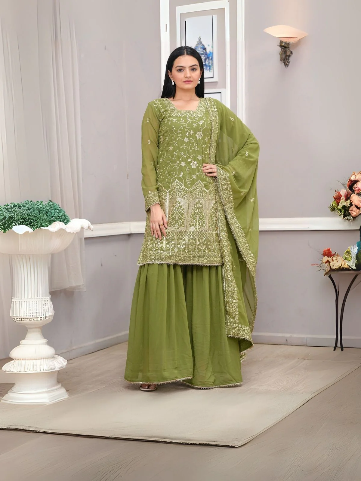 Odette Green Georgette Embroidered Stitched Kurta Set For Women - Image 2