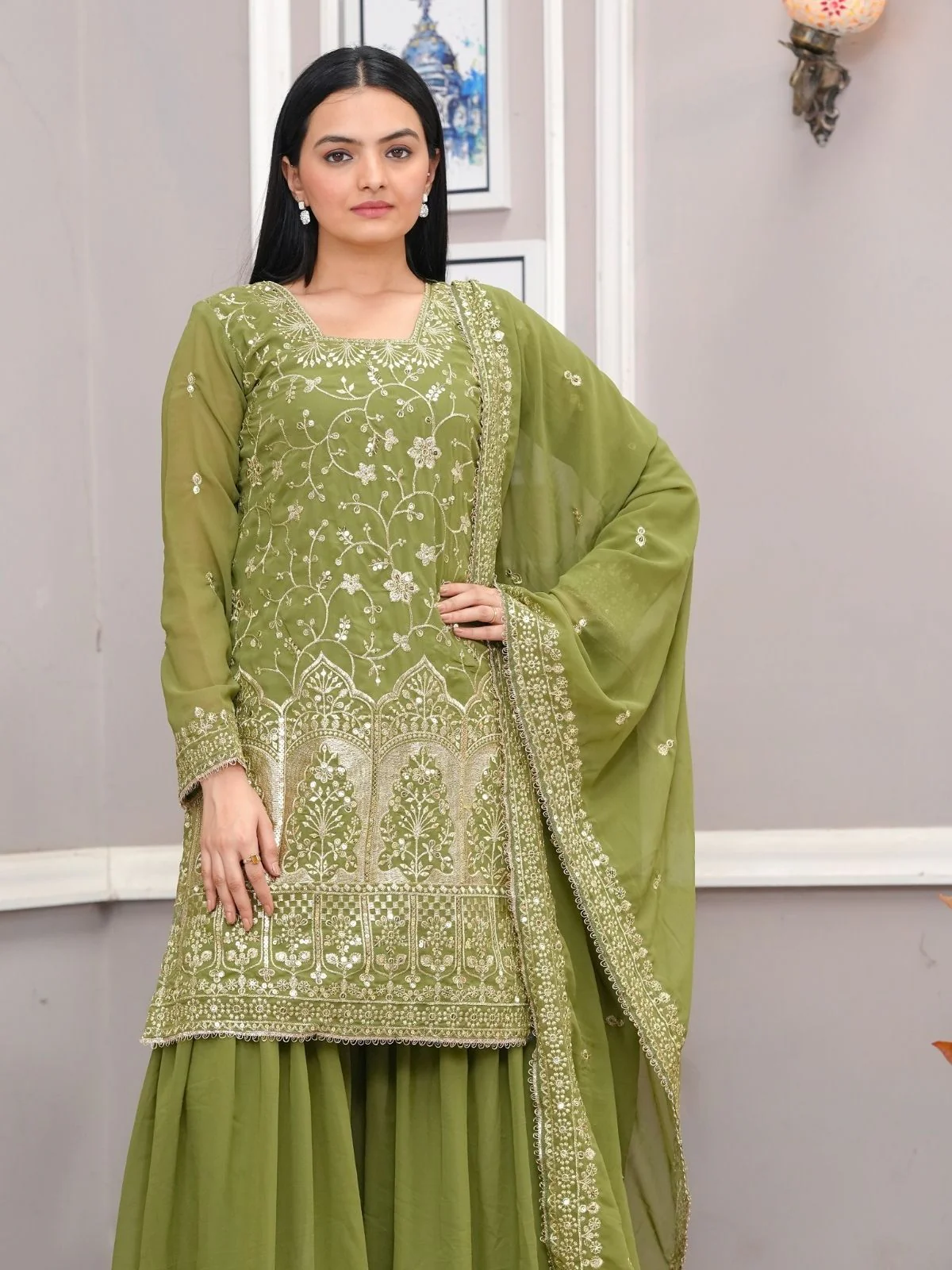 Odette Green Georgette Embroidered Stitched Kurta Set For Women - Image 4