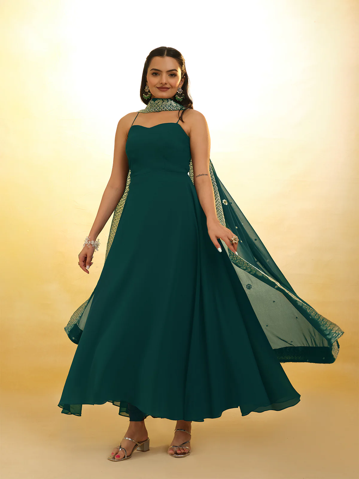 Odette Green Georgette Embroidery Stitched Anarkali With Dupatta For Women - Image 2