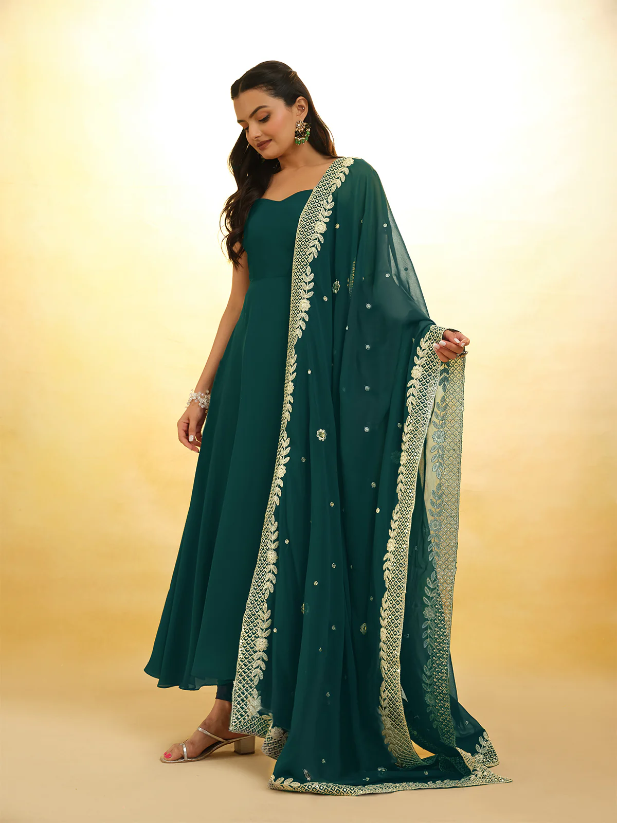 Odette Green Georgette Embroidery Stitched Anarkali With Dupatta For Women - Image 3