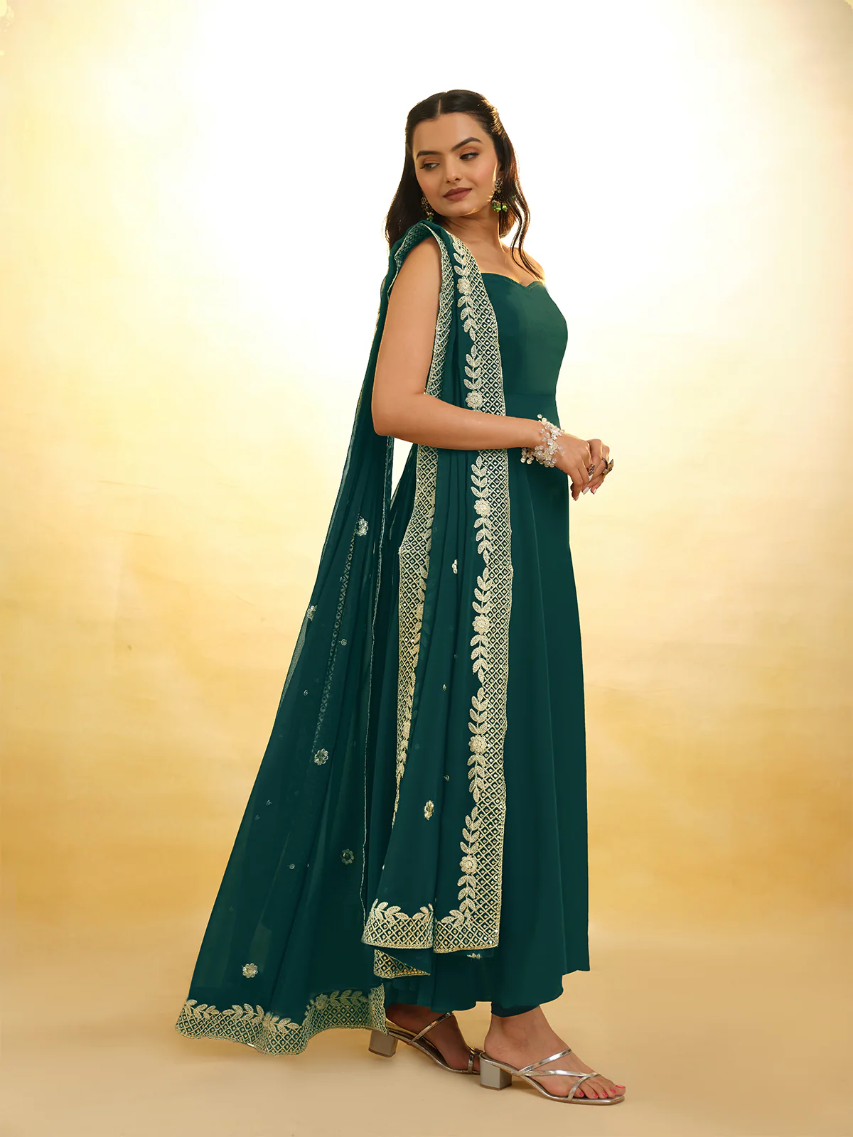 Odette Green Georgette Embroidery Stitched Anarkali With Dupatta For Women - Image 4