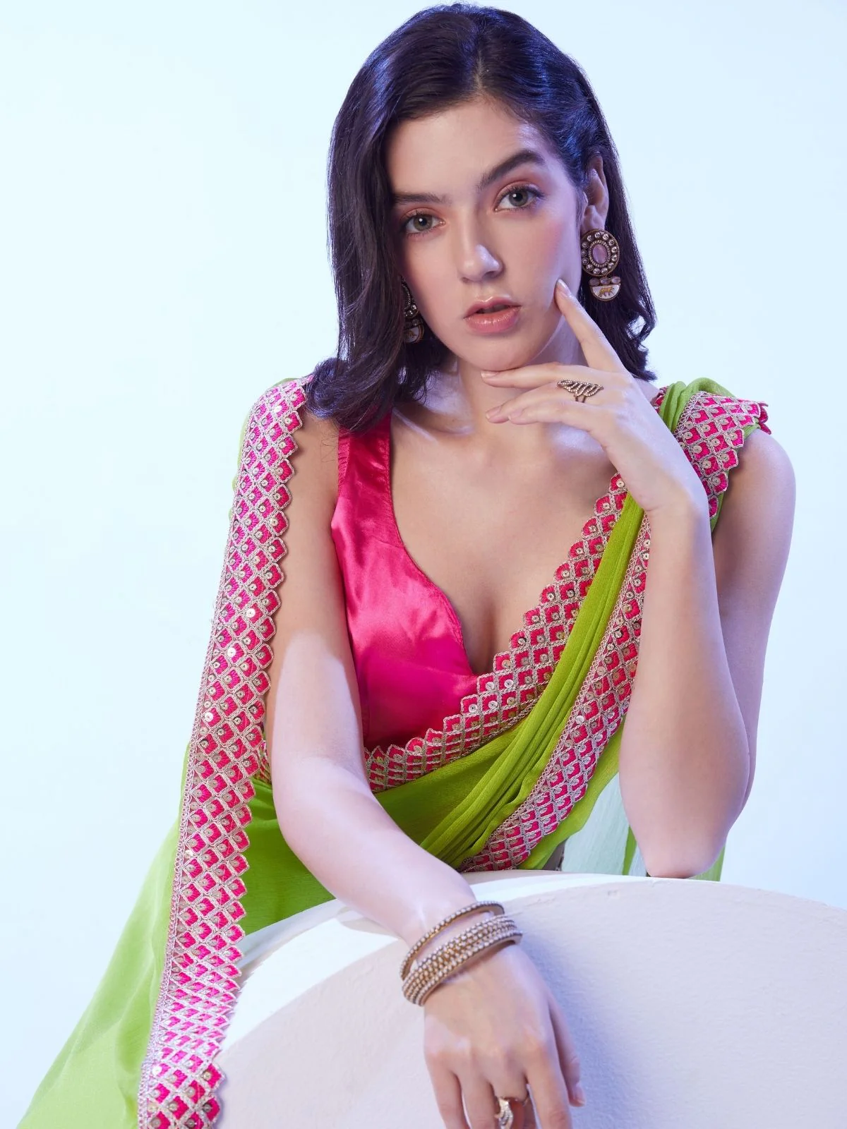 Odette Green Georgette Lace Work Saree With Unstitched Blouse For Women - Image 4
