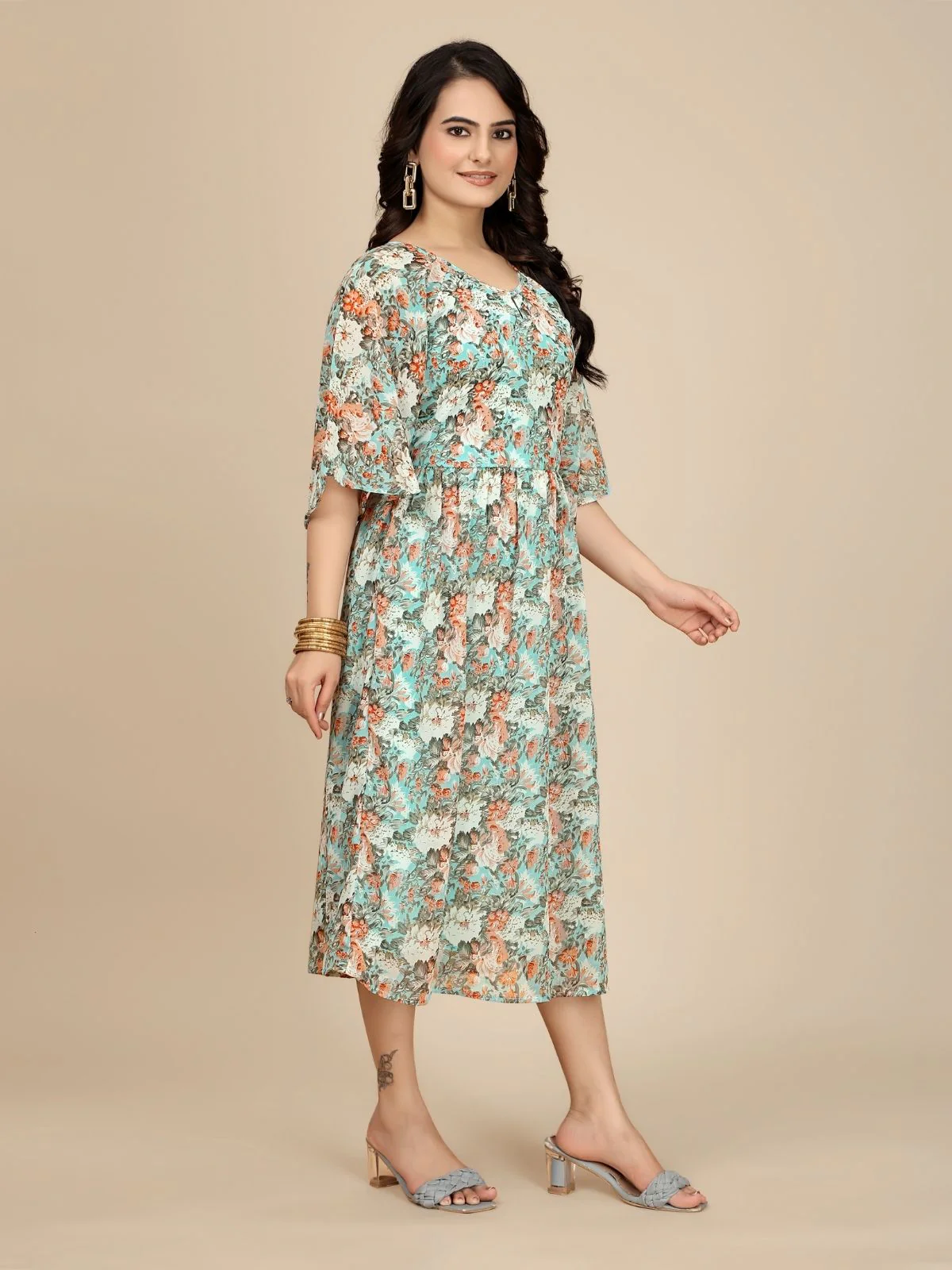 Odette Green Georgette Printed Dress For Women - Image 3