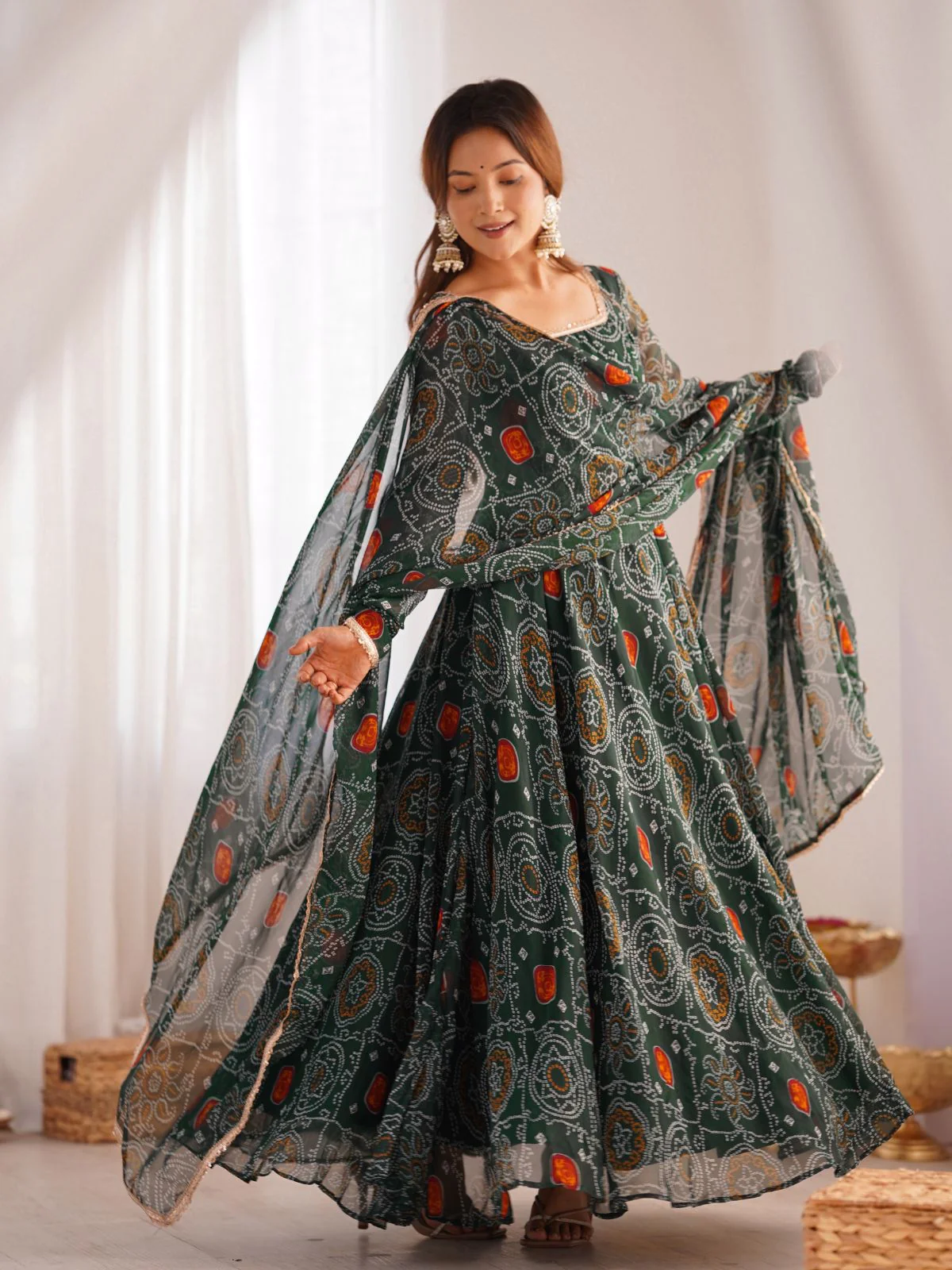 Odette Green Georgette Printed Kurta Set For Women - Image 3